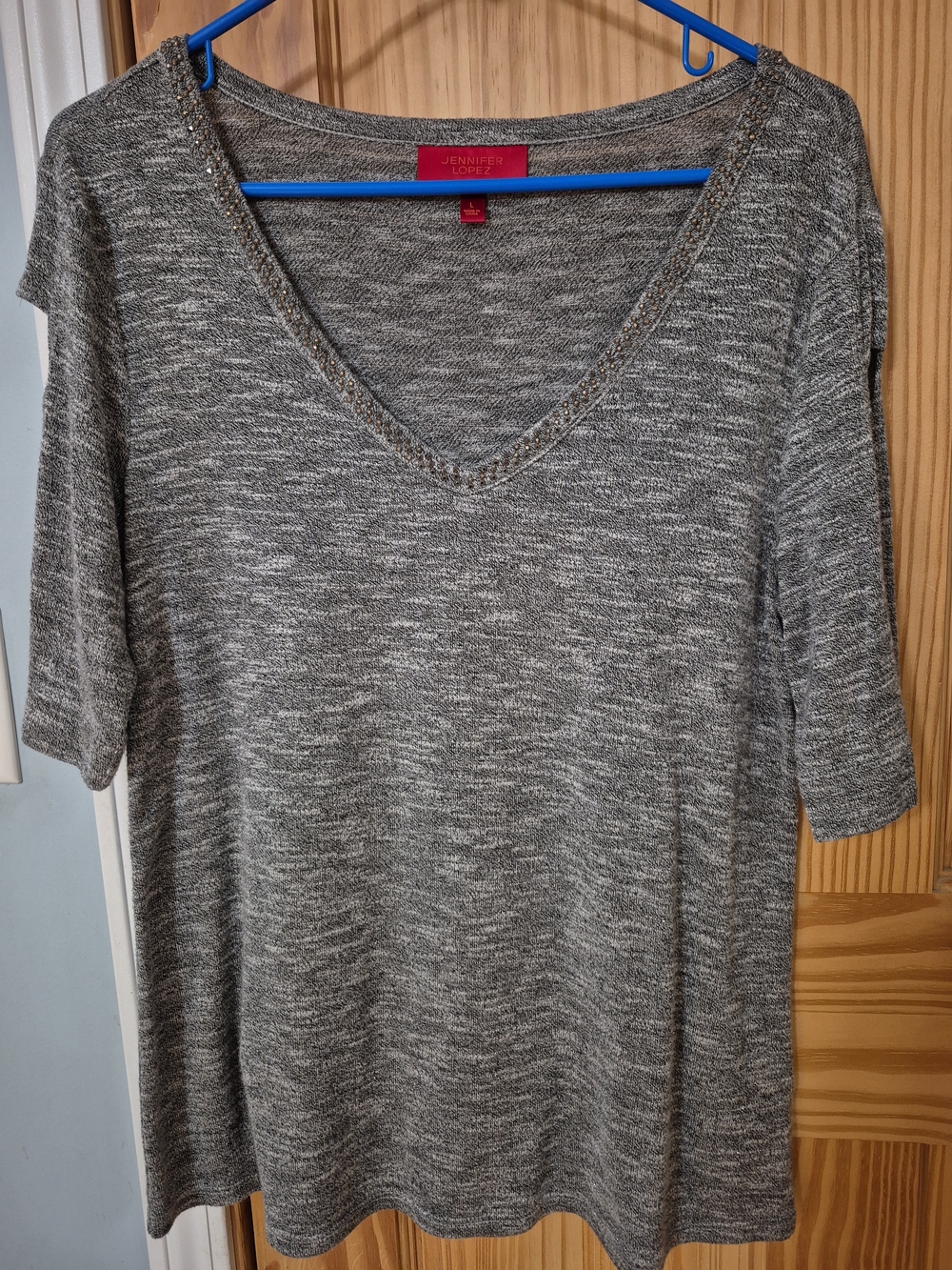Jennifer Lopez Marled Gray V-Neck Short Sleeve Top
